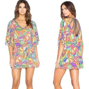 Trina Turk Montezuma Swim Coverup Tunic Mini Dress Sz M Short Sleeve Paisley